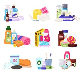 Hygiene bath product set, vector illustration. Beauty care by soap, shampoo bottle, liquid and cosmetic spray icon collection. Flat plastic container