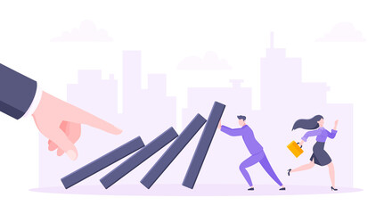 Business resilience or domino effect metaphor vector illustration. Giant hand starts chain reaction of falling domino line and businessman trying to stop it. Problem solving stopping chain reaction.