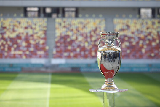 Bucharest, Romania - March 16, 2019: The original UEFA Euro 2020 tournament trophy is being presented to the public on the National Arena Stadium in Bucharest.