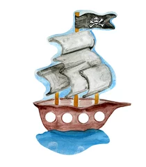 Foto op Plexiglas Hand drawn pirate ship in the sea. Watercolor illustration. © Natalia Talala