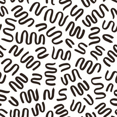 Zig zag brush stroke seamless pattern. Curly hand drawn vector background. Black wavy grunge texture.