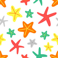 Fototapeta na wymiar Sea seamless pattern with starfish. Underwater digital paper. Ocean and sea cartoon illustration for textiles, web, print. White background. Vector