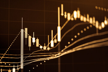 Stock market data on digital LED display. Fundamental and technical analysis with candle stick graph chart of stock market trading to represent about Bullish and Bearish point.	
