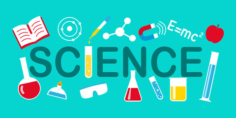 Science word with chemical glassware, laboratory items, magnetic and molecules in flat design. Science education.