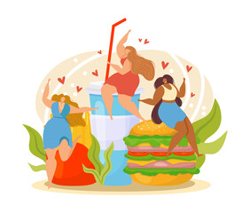 Fast food love, cartoon woman with meal vector illustration. Girl person character eat delicious lunch, snack, dinner. Cute female near junk product