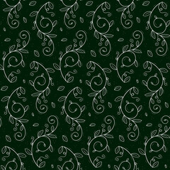 Seamless repeating pattern of a climbing plant such as peas or creepers with tendrils and leaves. Contour white objects on a dark green.