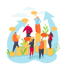 Financial growth analytics, business finance success vector illustration. People work with marketing money, coin. Man woman character achieve profit