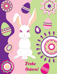 Easter card with a bunny and Easter eggs, with German text, translated as "Happy Easter"