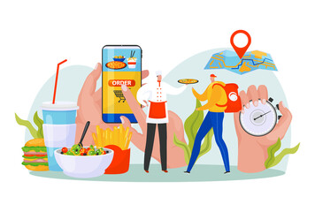 Food delivery, worker order box with online map, vector illustration. Fast delivery service, online mobile app for courier work, isolated on white.