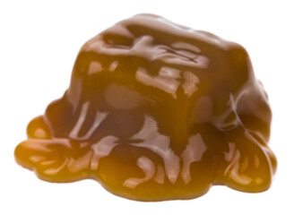 Caramel candy, toffee bar in liquid sweet caramel sauce isolated on white background