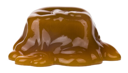 Caramel candy, toffee bar in liquid sweet caramel sauce isolated on white background