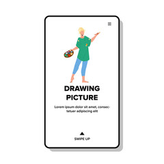Drawing Picture Young Woman In Art Studio Vector. Artist Girl Holding Palette With Paints And Brush For Drawing Picture. Character Artistic Painter Creative Web Flat Cartoon Illustration