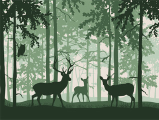 Deer with doe and fawn in magic misty forest. Owl on branch. Silhouettes of trees and animals. Green background, illustration.