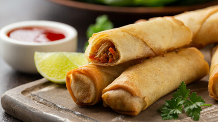 Fried vegetable spring rolls with sweet chili and soya sauce on wooden board