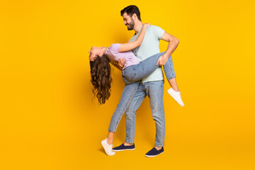 Full length body size view of attractive passionate cheerful couple dancing tango isolated over bright yellow color background - obrazy, fototapety, plakaty