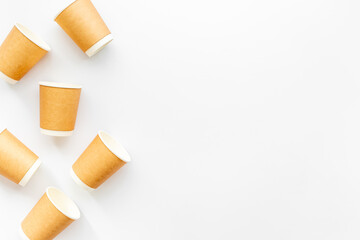 Group of paper cups for take away coffee or tea. Top view
