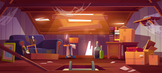 Dirty house attic with old furniture and cardboard boxes. Vector cartoon interior of attic room in abandoned building with broken wall and roof, chair, table, books and torn couch © klyaksun