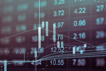 Financial data in term of a digital prices on LED display. A number of daily market price and quotation of prices chart to represent candle stick tracking in Forex trading.