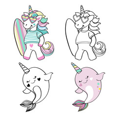 Cute summer unicorn with surfboard and whale unicorn isolated. Vector illustration coloring book for children © Lucky Project