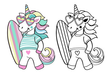 Cute summer unicorn with surfboard isolated. Vector illustration coloring book for children © Lucky Project