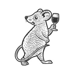 cartoon mouse with a glass of wine sketch engraving vector illustration. T-shirt apparel print design. Scratch board imitation. Black and white hand drawn image.