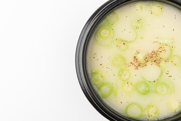 Beef bone broth on a white background