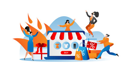 Fototapeta na wymiar Hot sale, discount banner vector illustration. Man woman character buy goods with special offer price, advertising shop flyer with people.