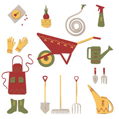 Set of tools for the garden. Watering can, apron, shovel, wheelbarrow, dig, gloves, boots, rake, watering hose.