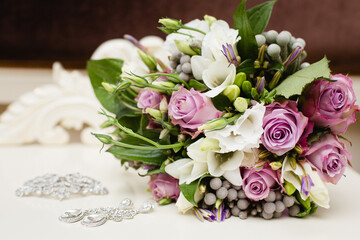 delicate wedding bouquet on dark patterned background