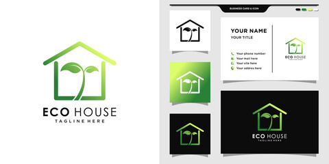 House logo with leaf style and business card design. Elegant eco house logo inspiration, illustration. Premium Vector