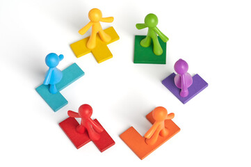 . Human figures depict concepts: the hierarchical system of the organization of the company, the...