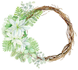 Watercolor christmas wreath with white poinsettia flowers. Botanical illustration isolated on white background. Perfect for cards, invitations, template