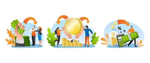 Fototapeta premium Money credit with cash, vector illustration. People character make banking payment, finance business at bank set. Man woman person get financial help