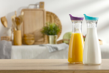 Milk on the table in the summer kitchen, ready for breakfast 