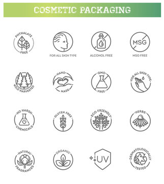 Natural organic cosmetics, vegan food symbols. Thin signs for packaging