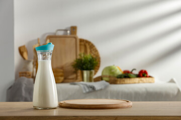 Milk on the table in the summer kitchen, ready for breakfast 