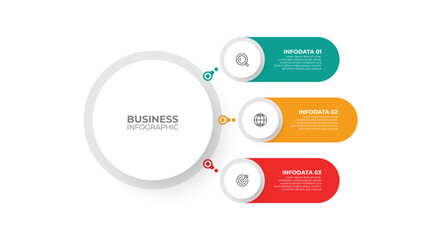 Business infographic template. Presentation circles label design with icon and 3 options or steps. Vector illustration. 