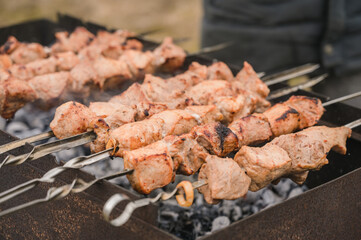 Traditional russian cuisine. Shashlik. Grilled marinated meat on skewers. Outdoor barbeque cooking. Tasty food.