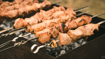 Traditional russian cuisine. Shashlik. Grilled marinated meat on skewers. Outdoor barbeque cooking. Tasty food.