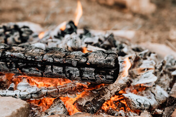 Burning wood and coal in grill. Preparation for barbecue.