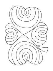 Four leaf clover coloring page for kids stock vector illustration. Funny irish lucky charm clover leaf black outline isolated on white. Celtic culture good luck symbol. Happy St Patrick's Day coloring