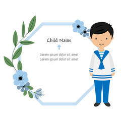 My first communion card. Boy with flower frame to enter text. Isolated vector
