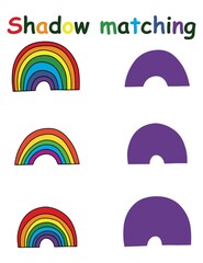 Shadow matching game with rainbows stock vector illustration. Three cartoon hand drawn rainbows with shadows vertical printable worksheet for kids. Simple educational puzzle for preschool children