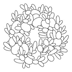 Happy Easter wreath with eggs and leaves stock vector illustration. Hand drawn Easter floral wreath black outline white isolated. Spring holiday coloring page for kids and adults printable worksheet