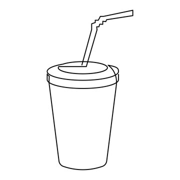 Fast food, drink. Continuous single drawn one line glass with straw drawn by hand picture silhouette. Line art