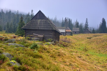 szałasy pasterskie na polanie pod Kopieńcem Wielkim w Tatrach - obrazy, fototapety, plakaty