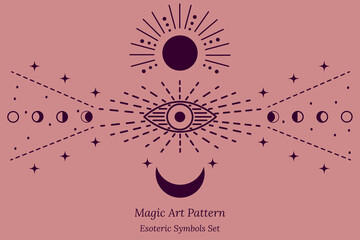 Esoteric symbol of opening of third eye of soul, Sun, stars, phases of Moon. Illustration of magic session, look into future, connection with  universe. Vector drawing for tarot cards, groups, webpage