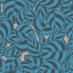 Decorative seamless pattern with striped flat blue leaves on beige background. For fabric, wallpaper, wrapping paper, pattern fills, textile, web textures. Vector Eps 10