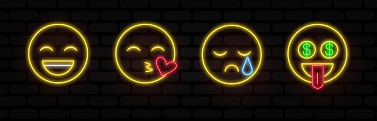 Vector Emoji neon icon set with Different Reactions Isolated on black Background. Modern Emoticons Collection in Flat Style. thin line, outline vector of web, minimalistic icons for UI and UX