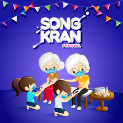 Children pour water on the hands of revered elders and ask for blessing with Thai calligraphy of Songkran and flags.13 April,National Day of Older Persons-Songkran festival concept.Vector Illustration